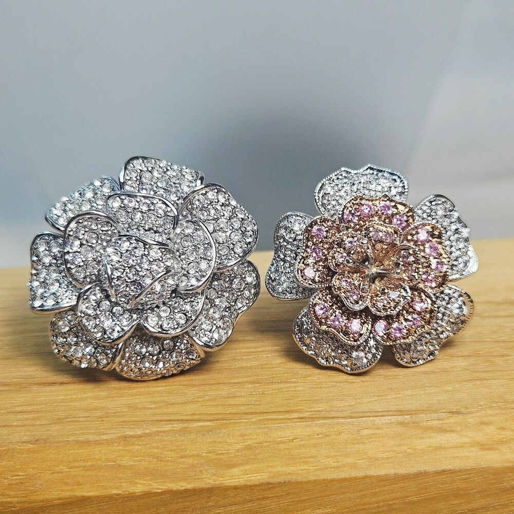 Large Flower Rings Clear Pink Pave Rhinestone CZ Silver Tone Sizes 7  & 8